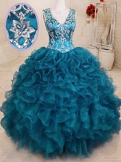 Colorful Teal Ball Gowns V-neck Sleeveless Organza Floor Length Backless Beading and Embroidery and Ruffles Quinceanera Dresses