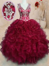 Extravagant Organza Sleeveless Floor Length Sweet 16 Dress and Beading and Embroidery and Ruffles
