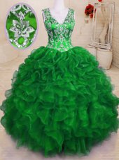 Enchanting V-neck Sleeveless Sweet 16 Dresses Floor Length Beading and Embroidery and Ruffles Green Organza