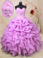 Amazing Lilac Organza Lace Up Sweetheart Sleeveless Floor Length Sweet 16 Dresses Beading and Ruffles and Pick Ups