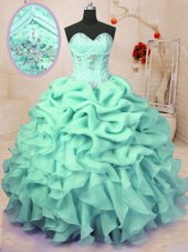 Custom Made Floor Length Apple Green Ball Gown Prom Dress Organza Sleeveless Beading and Ruffles and Pick Ups