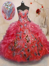 Noble Sleeveless Floor Length Beading and Appliques and Ruffles Zipper 15th Birthday Dress with Red