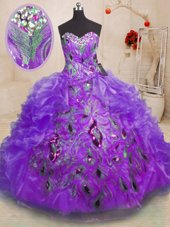 Fantastic Purple Quinceanera Dress Military Ball and Sweet 16 and Quinceanera and For with Beading and Appliques and Ruffles Sweetheart Sleeveless Zipper