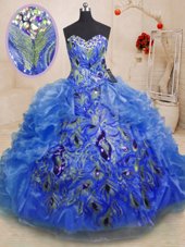 Sexy Blue Sleeveless Floor Length Beading and Appliques and Ruffles Zipper Sweet 16 Quinceanera Dress