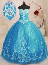 On Sale Ball Gowns 15 Quinceanera Dress Baby Blue Sweetheart Tulle Sleeveless Floor Length Lace Up