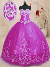 Simple Fuchsia Lace Up Sweetheart Beading and Embroidery Sweet 16 Dresses Tulle Sleeveless