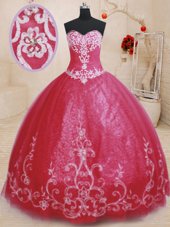 Vintage Red Lace Up Sweetheart Beading and Embroidery Quince Ball Gowns Tulle Sleeveless
