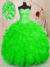 Fashion Organza Sweetheart Sleeveless Lace Up Beading and Ruffles and Sequins Quinceanera Gown in