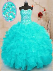 Smart Aqua Blue Organza Lace Up Sweetheart Sleeveless Floor Length Sweet 16 Quinceanera Dress Beading and Ruffles and Sequins