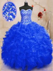 Cheap Royal Blue Organza Lace Up 15 Quinceanera Dress Sleeveless Floor Length Beading and Ruffles and Sequins