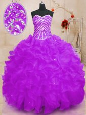 Glamorous Organza Sweetheart Sleeveless Lace Up Beading and Ruffles and Sequins Sweet 16 Dress in Purple
