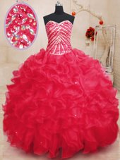 Elegant Sleeveless Organza Floor Length Lace Up Ball Gown Prom Dress in Coral Red for with Beading and Ruffles and Sequins