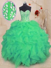 Elegant Turquoise Organza Lace Up Sweet 16 Dress Sleeveless Floor Length Beading and Ruffles