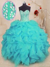 Popular Sweetheart Sleeveless 15th Birthday Dress Floor Length Beading and Ruffles Aqua Blue Organza