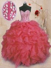 Affordable Coral Red Sweetheart Lace Up Beading and Ruffles 15 Quinceanera Dress Sleeveless