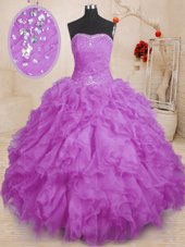 Strapless Sleeveless Lace Up Quinceanera Gown Purple Organza