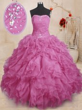 Hot Sale Organza Strapless Sleeveless Lace Up Beading and Ruffles and Ruching 15 Quinceanera Dress in Lilac