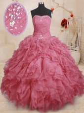 Affordable Pink Lace Up Strapless Beading and Ruffles and Ruching Quinceanera Gowns Organza Sleeveless