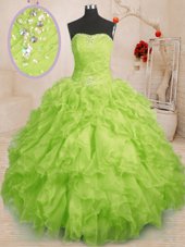 Dramatic Organza Strapless Sleeveless Lace Up Beading and Ruffles and Ruching Quinceanera Gowns in Yellow Green