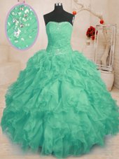 Sleeveless Organza Floor Length Lace Up Quinceanera Dress in Turquoise for with Beading and Ruffles and Ruching