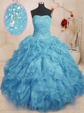Unique Baby Blue Ball Gowns Beading and Ruffles and Ruching Quinceanera Dress Lace Up Organza Sleeveless Floor Length