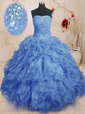 Trendy Strapless Sleeveless Lace Up Sweet 16 Dress Blue Organza