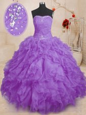 Excellent Lavender Sleeveless Organza Lace Up Quince Ball Gowns for Military Ball and Sweet 16 and Quinceanera
