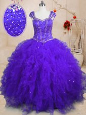 Traditional Tulle Square Cap Sleeves Lace Up Beading and Ruffles and Sequins Sweet 16 Dresses in Purple
