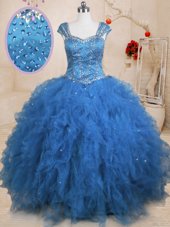 Dynamic Teal Ball Gowns Beading and Ruffles and Sequins Quinceanera Dresses Lace Up Tulle Cap Sleeves Floor Length