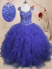 Pretty Royal Blue Tulle Lace Up Sweet 16 Dress Cap Sleeves Floor Length Beading and Ruffles and Sequins