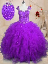 On Sale Tulle Cap Sleeves Floor Length 15 Quinceanera Dress and Beading and Ruffles