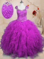 Exceptional Purple Square Neckline Beading and Ruffles Sweet 16 Dresses Cap Sleeves Lace Up