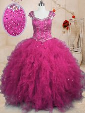 Hot Sale Fuchsia Ball Gowns Tulle Square Cap Sleeves Beading and Ruffles Floor Length Lace Up Quince Ball Gowns