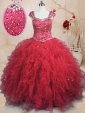 Deluxe Square Cap Sleeves Tulle Ball Gown Prom Dress Beading and Ruffles Lace Up