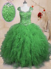Excellent Tulle Cap Sleeves Floor Length Sweet 16 Dress and Beading and Ruffles