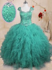 Turquoise Square Lace Up Beading and Ruffles Vestidos de Quinceanera Cap Sleeves