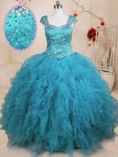 Baby Blue Lace Up Square Beading and Ruffles Quinceanera Gown Tulle Cap Sleeves