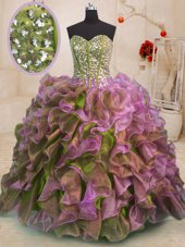 Best Sweetheart Sleeveless Ball Gown Prom Dress Floor Length Beading and Ruffles Multi-color Organza