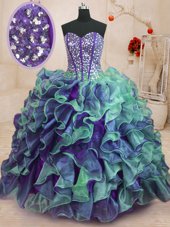 Glamorous Multi-color Organza Lace Up Sweetheart Sleeveless Floor Length Sweet 16 Dresses Beading and Ruffles