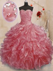 Traditional Watermelon Red Organza Lace Up Quince Ball Gowns Sleeveless Floor Length Beading and Ruffles