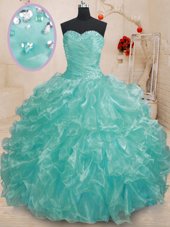 Inexpensive Teal Lace Up Sweetheart Beading and Ruffles 15th Birthday Dress Organza Sleeveless