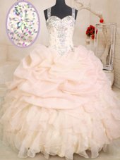 Chic Peach Quince Ball Gowns Military Ball and Sweet 16 and Quinceanera and For with Beading and Ruffles and Pick Ups Straps Sleeveless Zipper