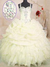 Floor Length Zipper Sweet 16 Dress Light Yellow and In for Military Ball and Sweet 16 and Quinceanera with Beading and Ruffles and Pick Ups