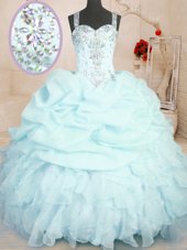 Luxurious Light Blue Ball Gowns Organza Straps Sleeveless Beading and Ruffles and Pick Ups Floor Length Zipper Sweet 16 Dresses
