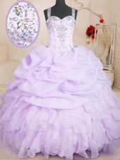 Inexpensive Lavender Sleeveless Floor Length Beading and Ruffles and Pick Ups Lace Up Quinceanera Gowns