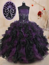 Fantastic Sleeveless Organza Floor Length Lace Up Ball Gown Prom Dress in Black And Purple for with Beading and Ruffles