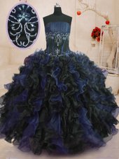 Super Floor Length Lace Up 15th Birthday Dress Blue And Black and In for Military Ball and Sweet 16 and Quinceanera with Beading and Ruffles