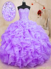 Popular Sleeveless Organza Floor Length Lace Up 15 Quinceanera Dress in Lilac for with Beading and Ruffles