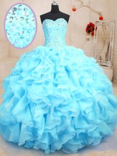 Flare Baby Blue Lace Up Quince Ball Gowns Beading and Ruffles Sleeveless Floor Length
