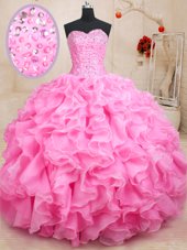 Stylish Rose Pink Sweetheart Lace Up Beading and Ruffles Quinceanera Dresses Sleeveless